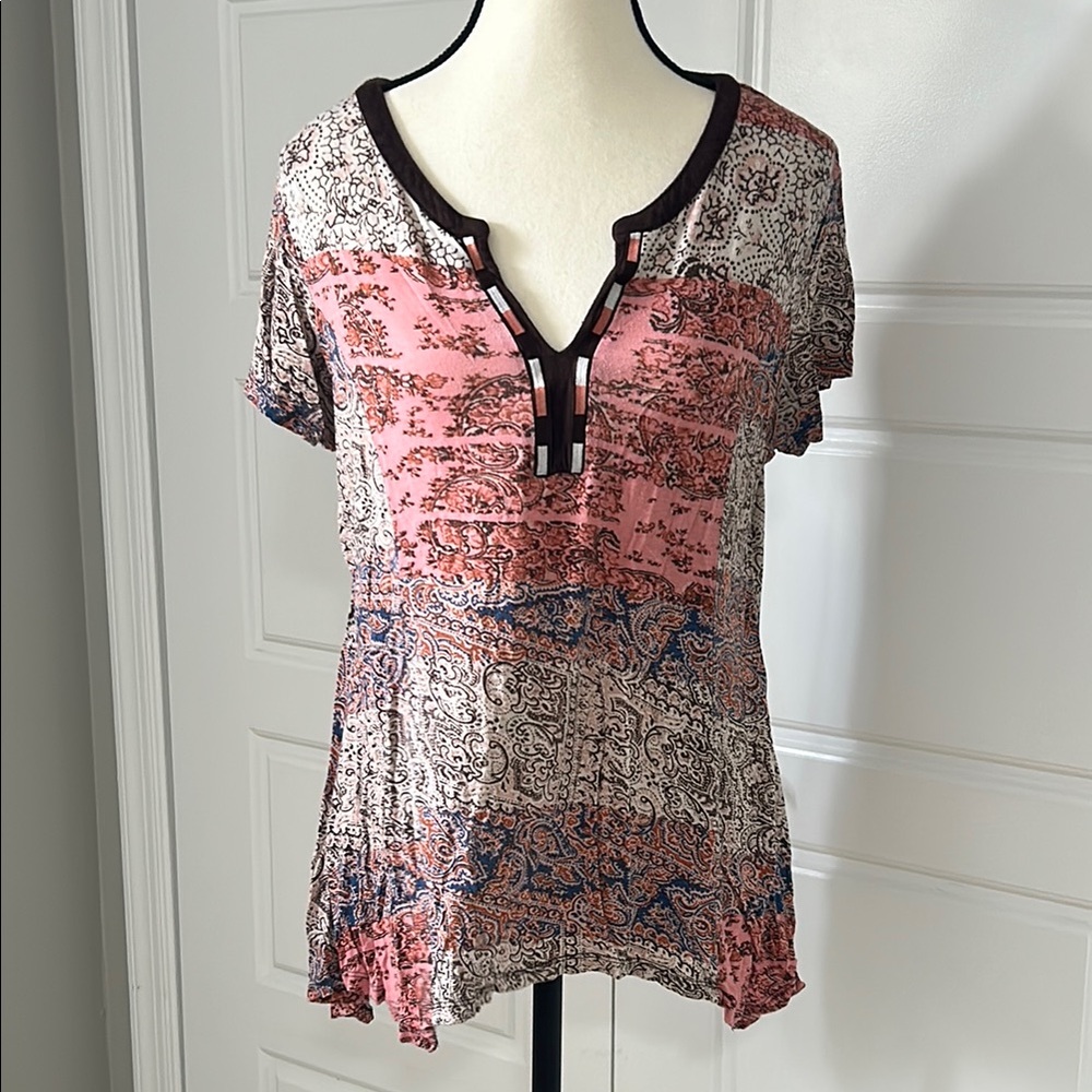 RXB Graphic Asymmetric Patchwork Style Patterned Blouse Sz L